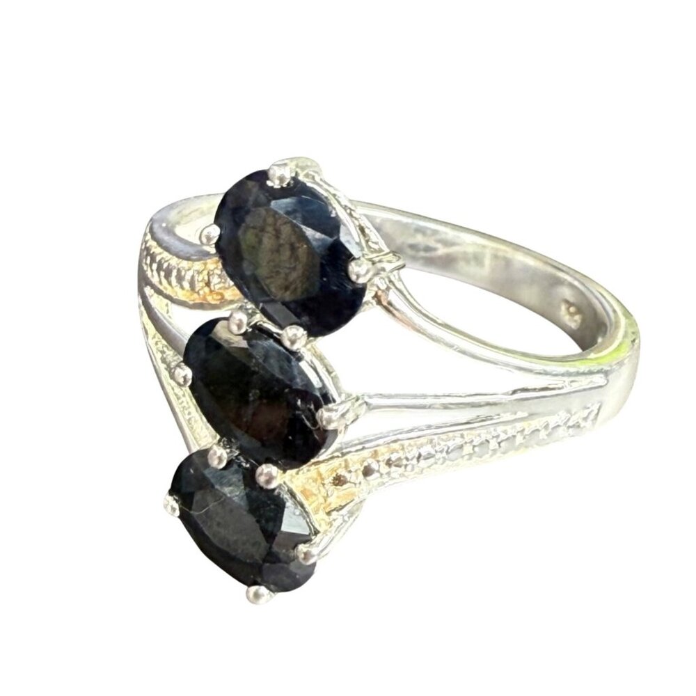 STS Sterling Silver 925 Ring With Triple Sapphire Oval Stones Size 10